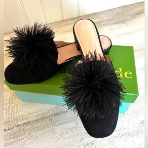 🎉Kate Spade NEW! Gala Slide/Mules in Black Kid Suede & Fun Feather Pom Pom SZ 9